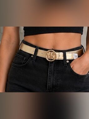 Michael Kors gold  Leather Belt with Gold and silver MK Round Buckle